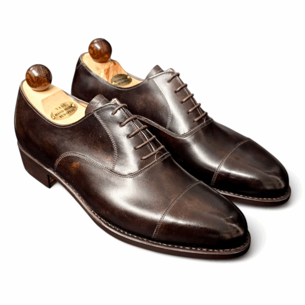 Angle view-1 of men’s brown museum calf cap toe Oxford shoe on P2 last with a single sole – handmade by Vass Shoes.