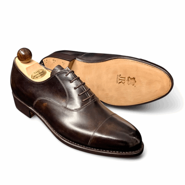 Angle view-2 of men’s brown museum calf cap toe Oxford shoe on P2 last with a single sole – handmade by Vass Shoes.