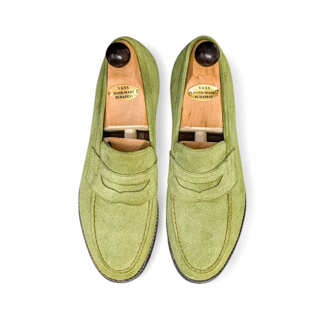 Top view of men’s light green suede Slipper II on P last with a dainite sole – handmade by Vass Shoes.