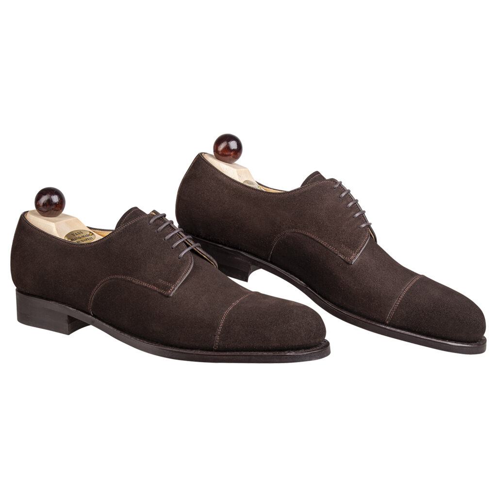 Side view of men’s brown suede Theresianer shoe on P2 last with a dainite sole – handmade by Vass Shoes.