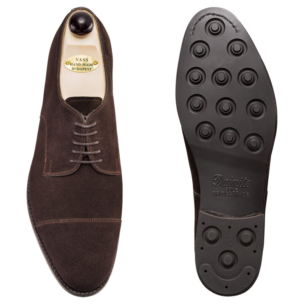 Top view of men’s brown suede Theresianer shoe on P2 last with a dainite sole – handmade by Vass Shoes.