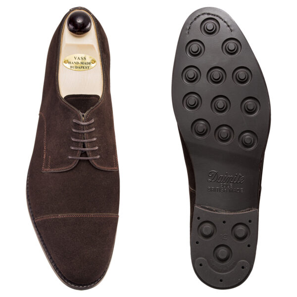 Top view of men’s brown suede Theresianer shoe on P2 last with a dainite sole – handmade by Vass Shoes.