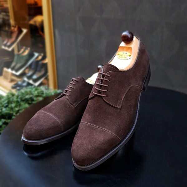 Angle view-1 of men’s brown suede Theresianer shoe on P2 last with a dainite sole – handmade by Vass Shoes.