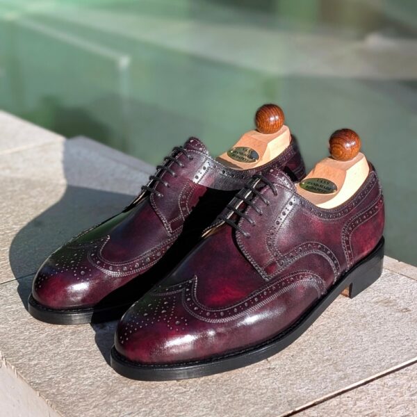 Angle view of men’s bordeaux Budapest Derby shoe on 3636 last with a double leather sole – handmade by Vass Shoes.