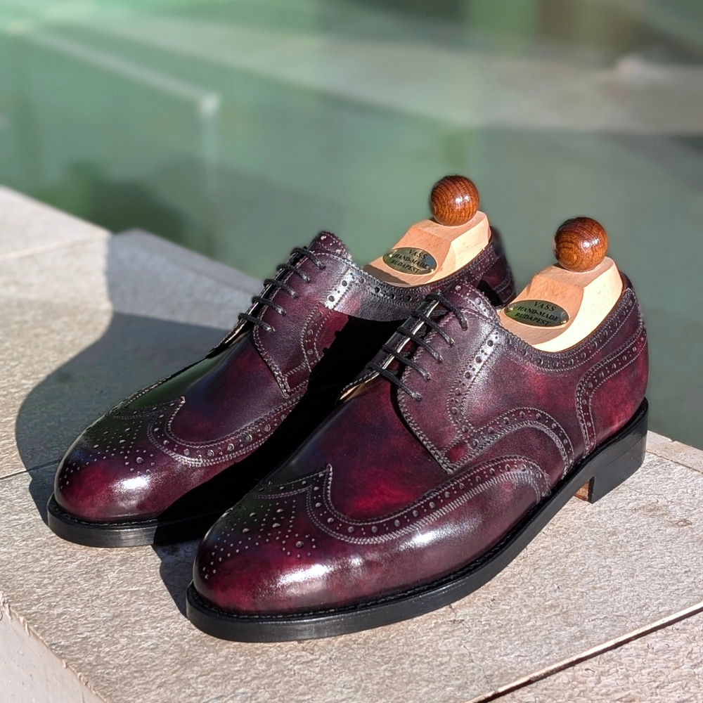 Angle view of men’s bordeaux Budapest Derby shoe on 3636 last with a double leather sole – handmade by Vass Shoes.