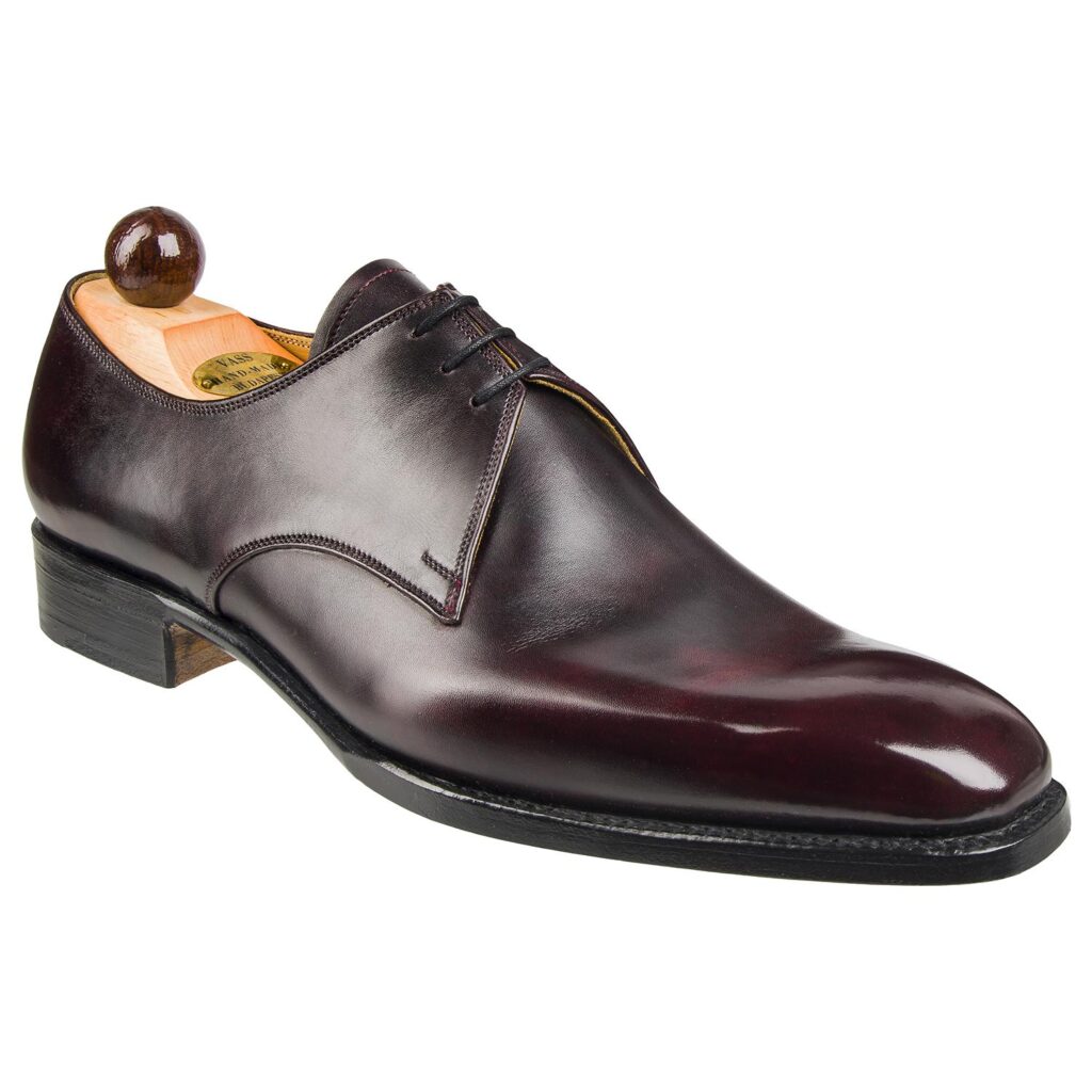 Angle view-2 of men’s bordeaux London 3-eyelet Derby shoe on S last with a single sole – handmade by Vass Shoes.