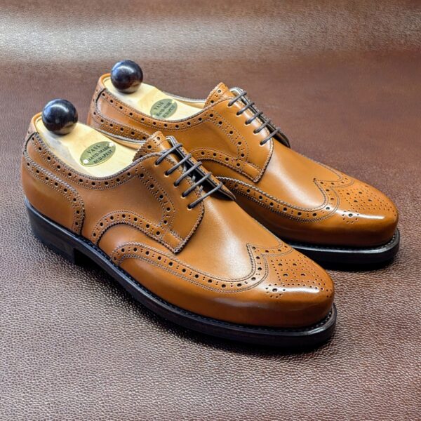 Angle view-1 of men’s cognac calf Budapest Derby shoe on BP last with a double leather sole – handmade by Vass Shoes.