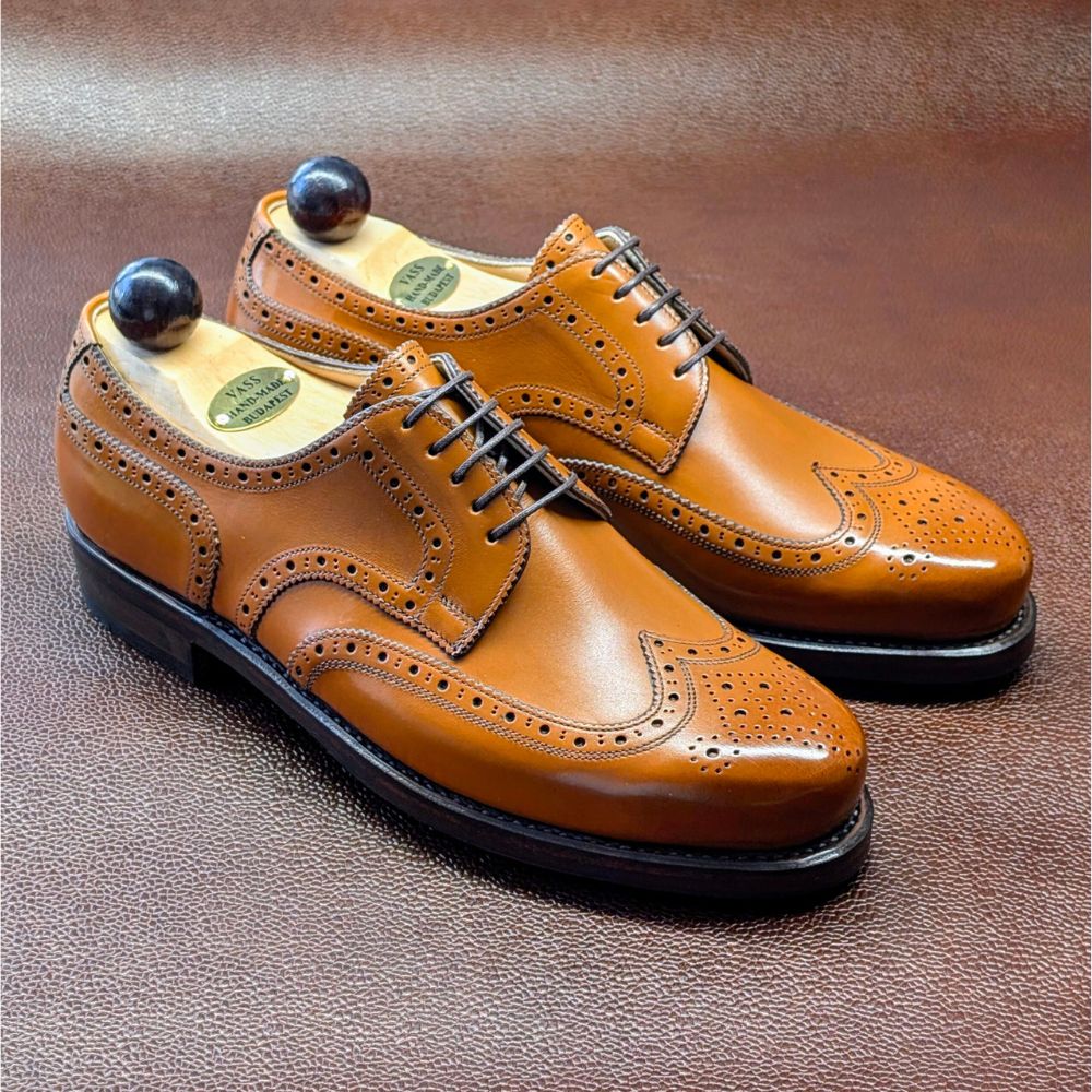 Angle view-1 of men’s cognac calf Budapest Derby shoe on BP last with a double leather sole – handmade by Vass Shoes.